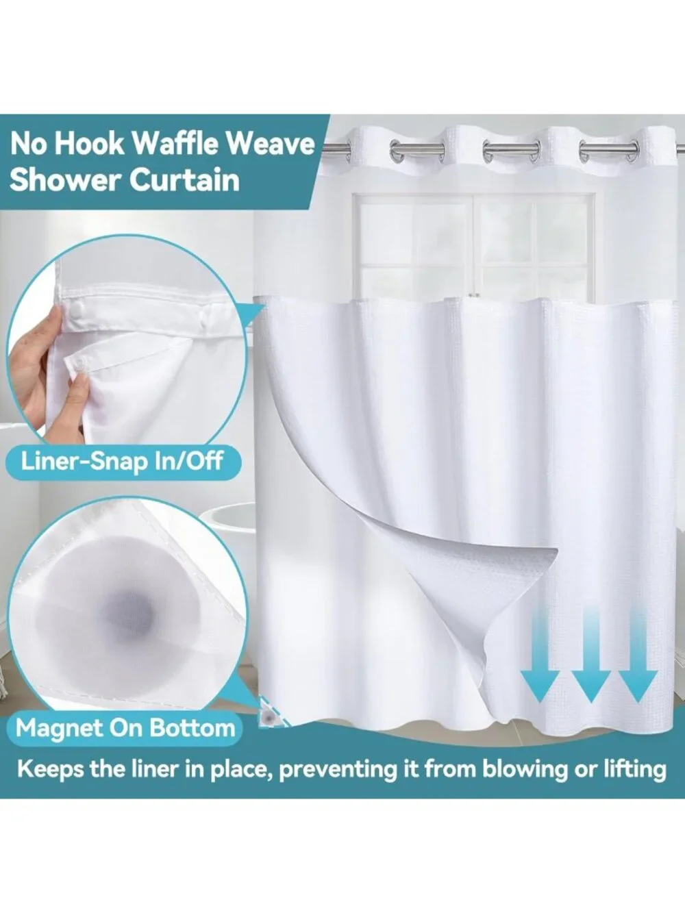 Extra Wide Waterproof Waffle Weave Shower Curtain Set with Snap-in Liner, 108x74